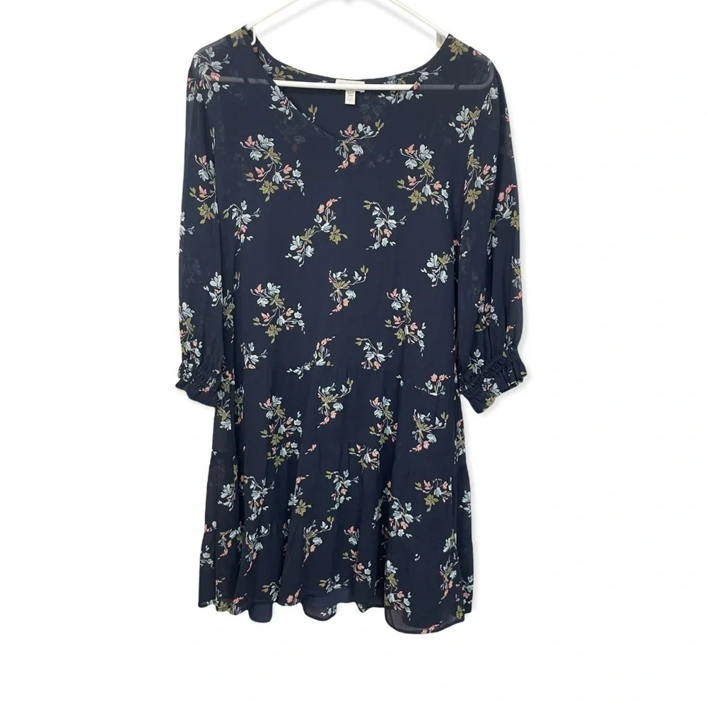 Garnet Hill Silk Floral Print Mini Dress Navy Petite 4 - Picture 1 of 9